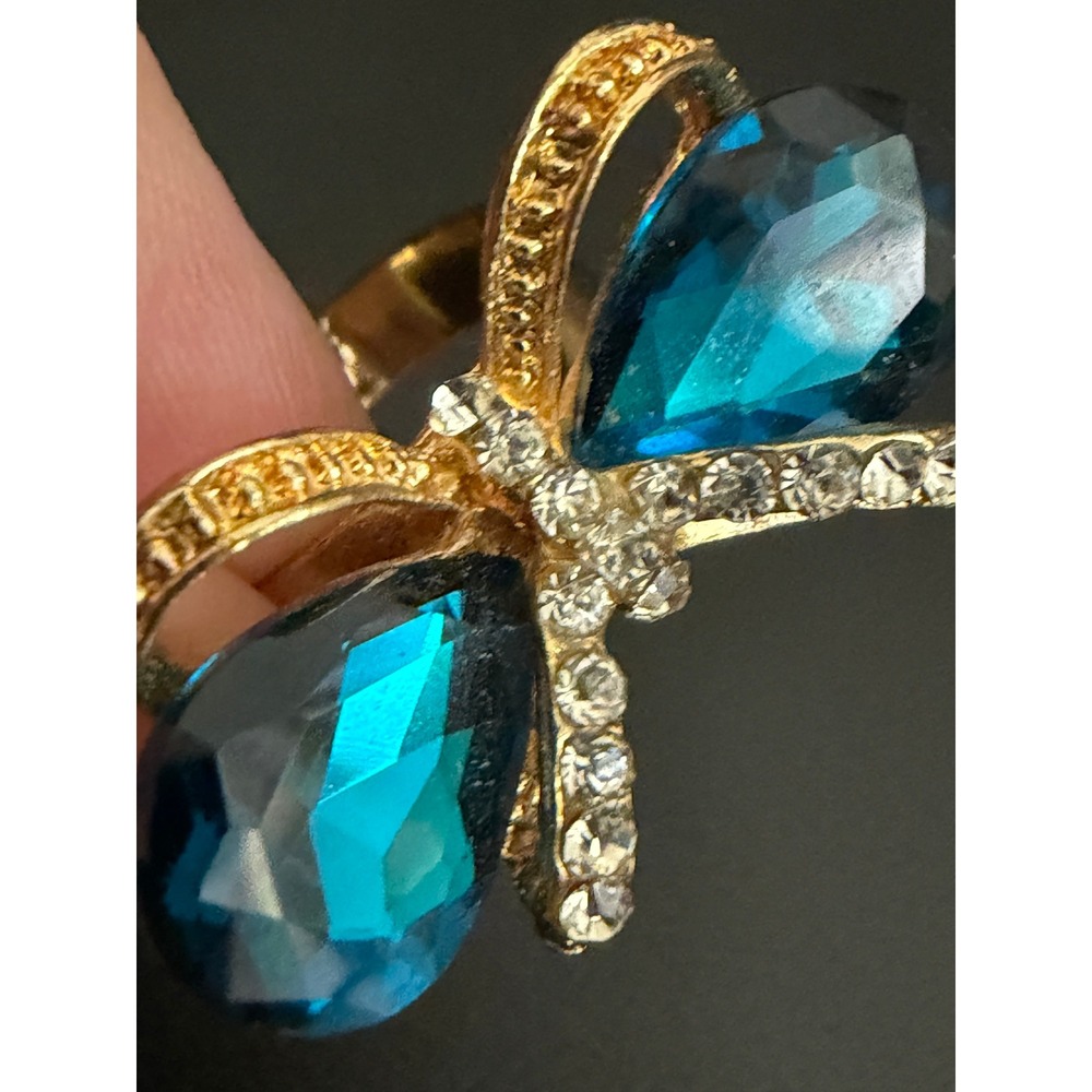 Vintage Rhinestone Ring Butterfly Adjustable Teal Gold Tone